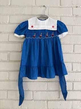Vintage Smocked Collared A-Line Dress Blue White Sailboats Embroidered Girls 4T